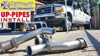 2001 F350 73  RiffRaff UpPipes Install  Stock up pipes leaking and falling apart JUNK SP [upl. by Dnomhcir]