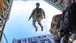 US Marines Paratroopers Jump from KC130 Hercules and UH1N Huey [upl. by Hoye]